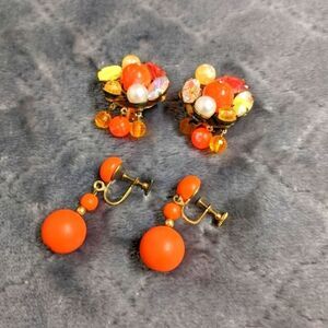 Vintage 1950's Bright Orange Rhinestone & Acrylic Clip Earrings (2) pairs